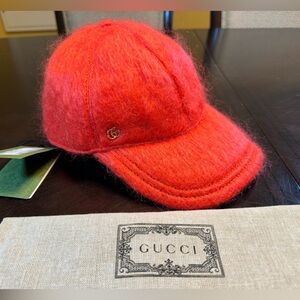 New Authentic Gucci GG Logo Mohair Orange Baseball Hat Size M